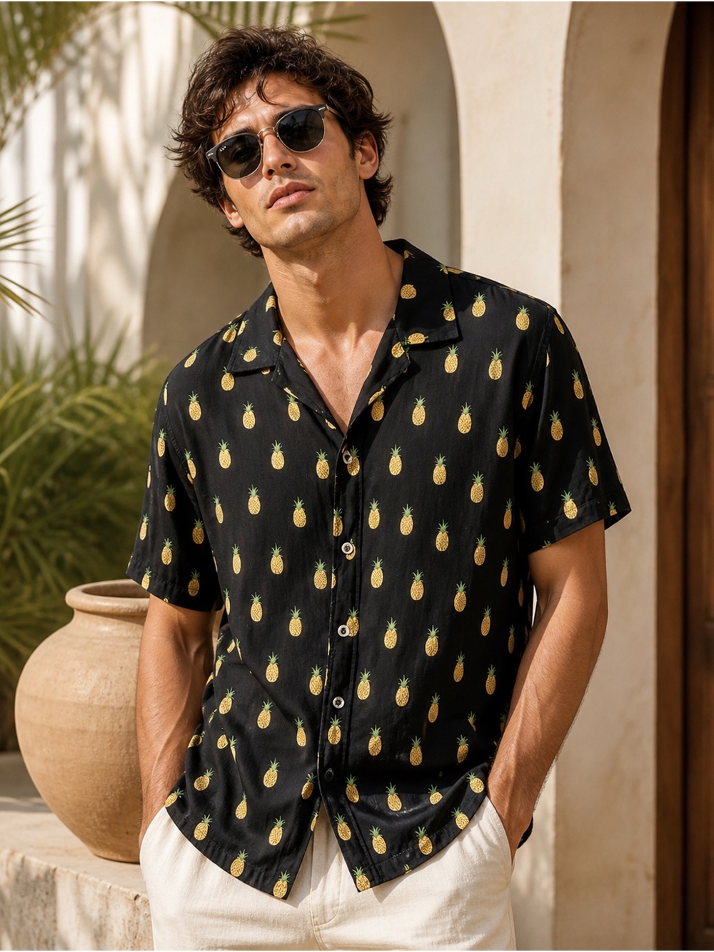 Men's Black Pineapple-Print Short Sleeve Button-Down Shirt